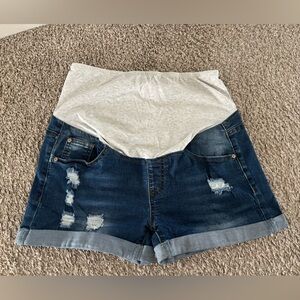 Maternity Denim Shorts with Heather Gray Panel